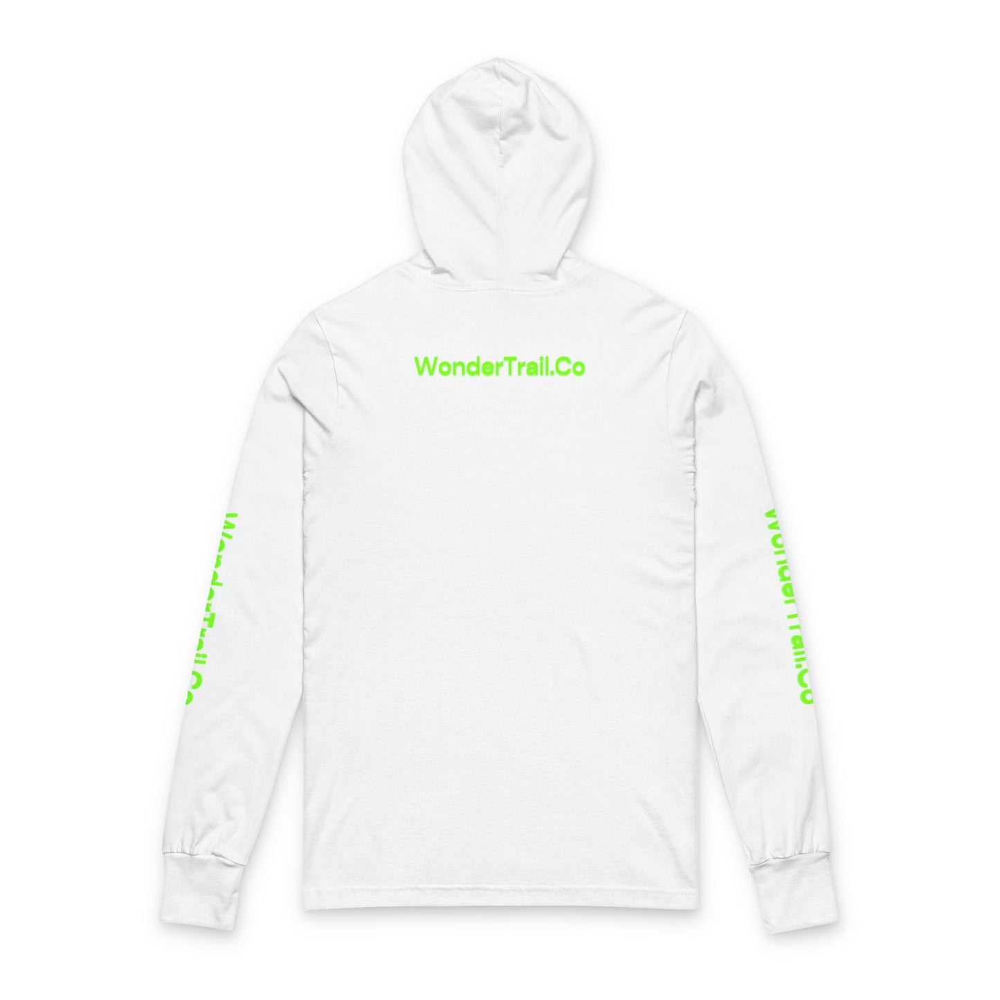 White hoodie with green text on a white background
