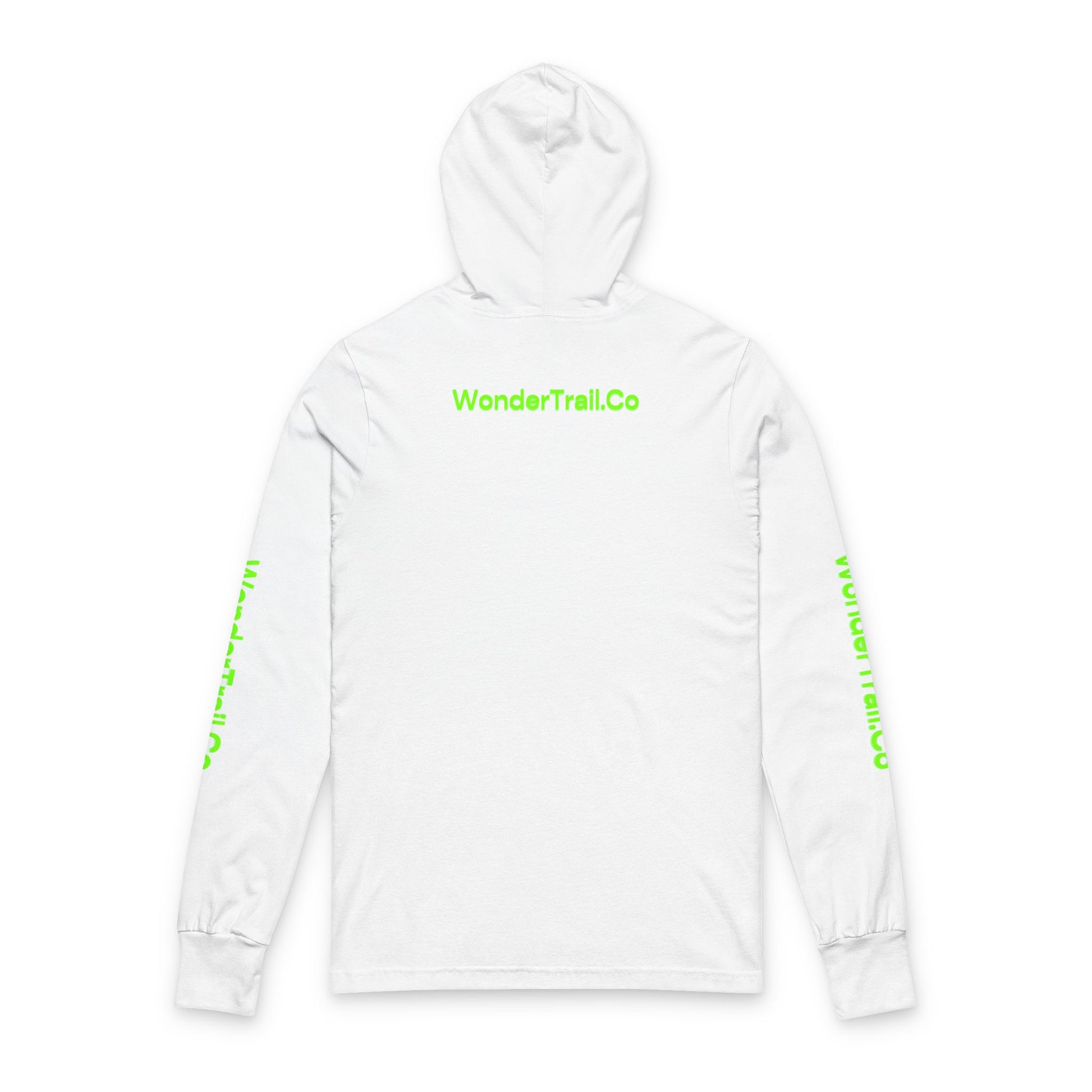 White hoodie with green text on a white background