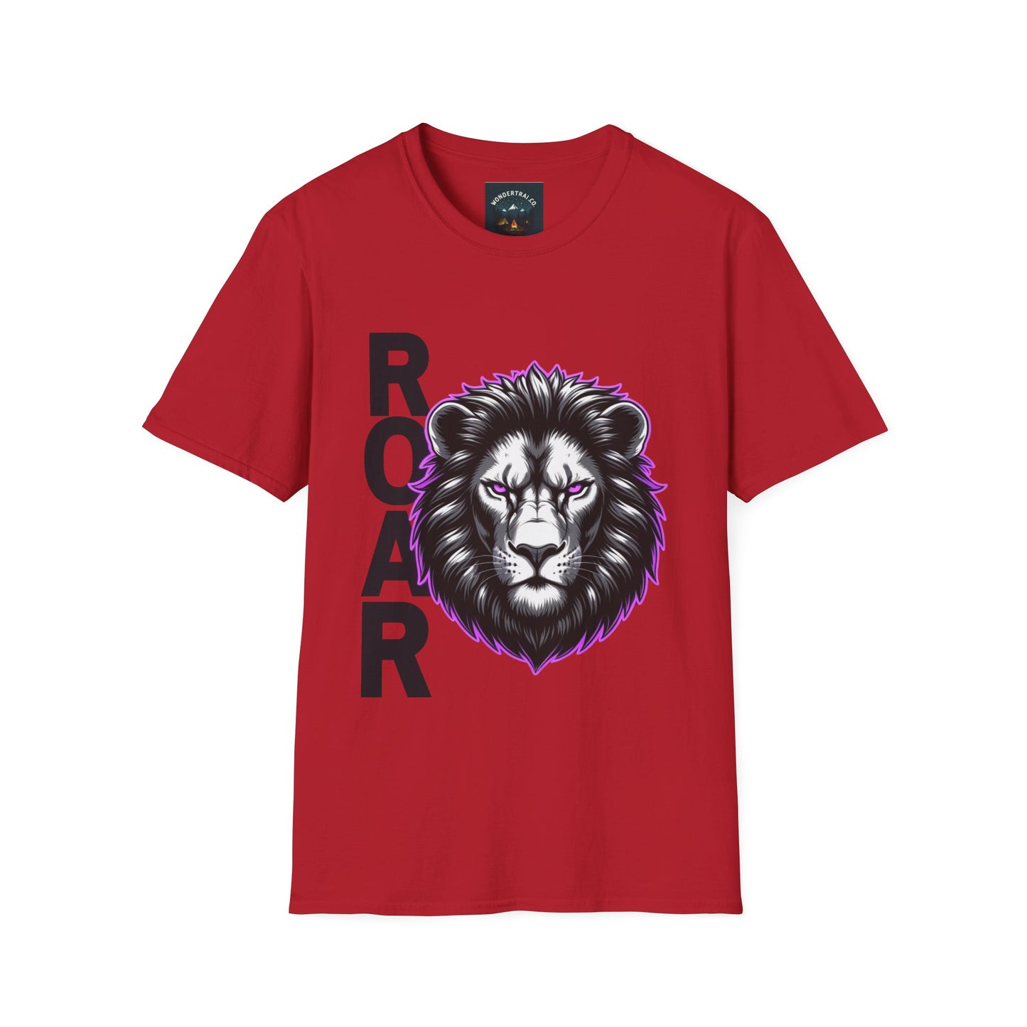 Red t-shirt with a lion graphic and 'ROAR' text on a white background