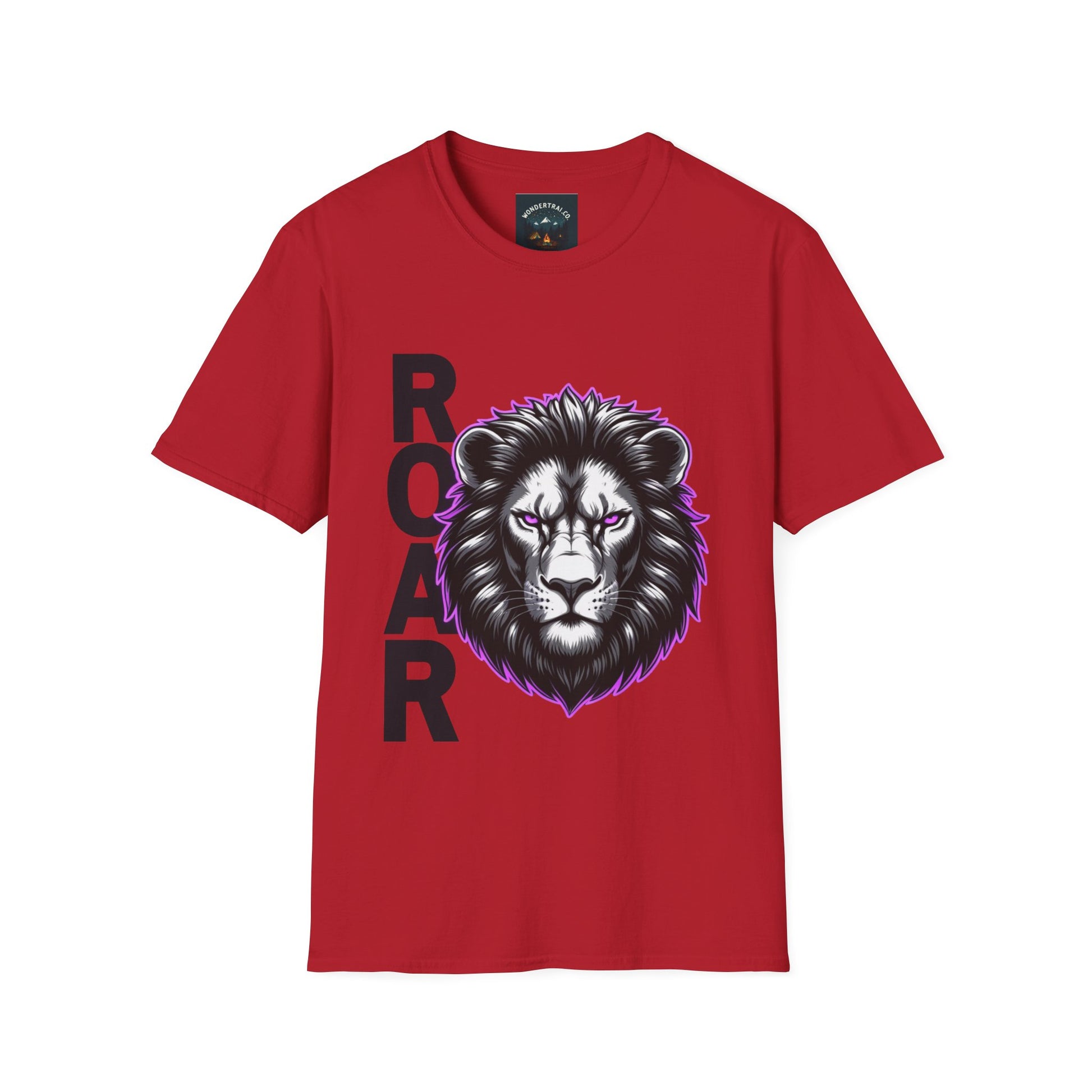 Red t-shirt with a lion graphic and 'ROAR' text on a white background
