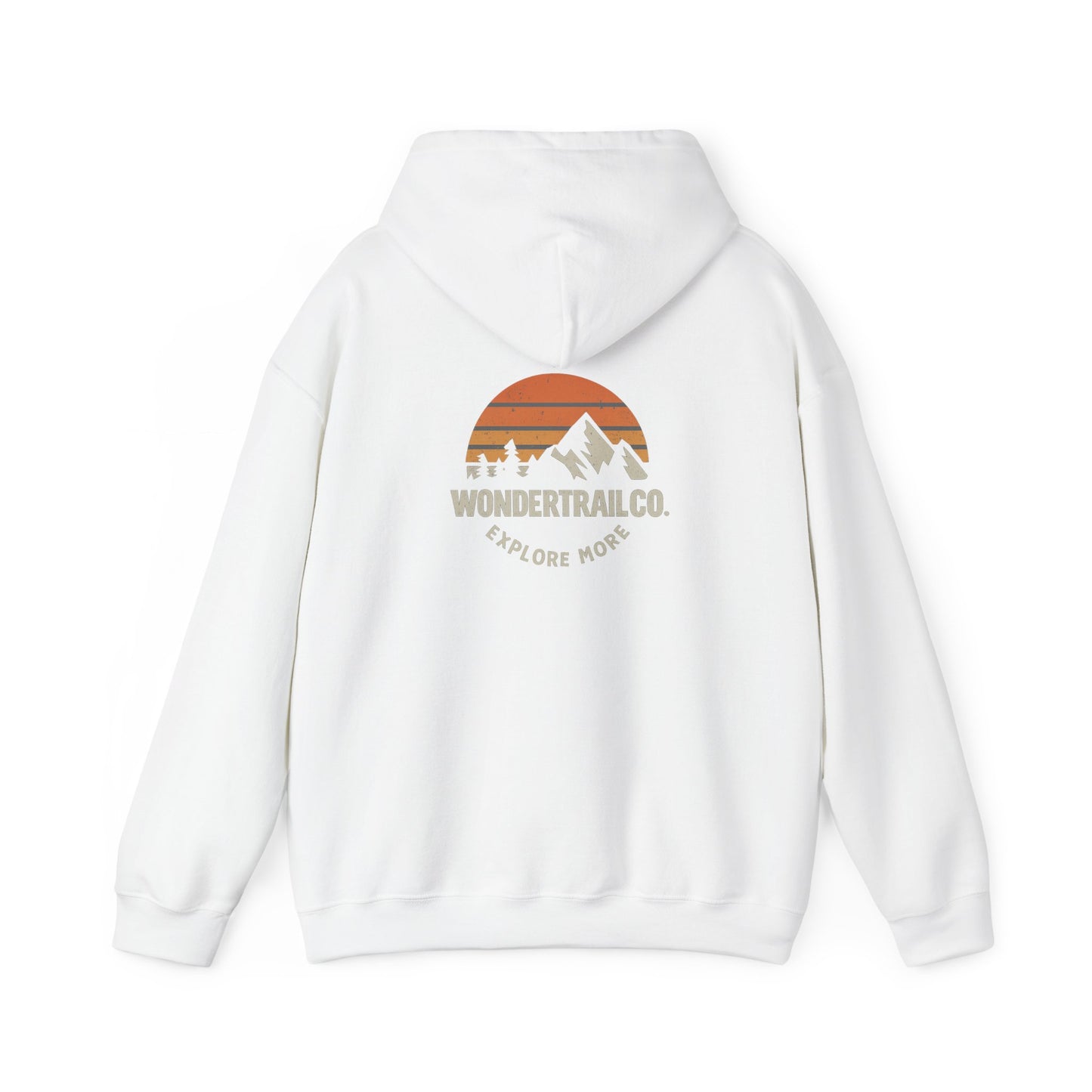 White hoodie with a mountain and sunset design on the back, featuring the 'Wondertrail.co' logo.