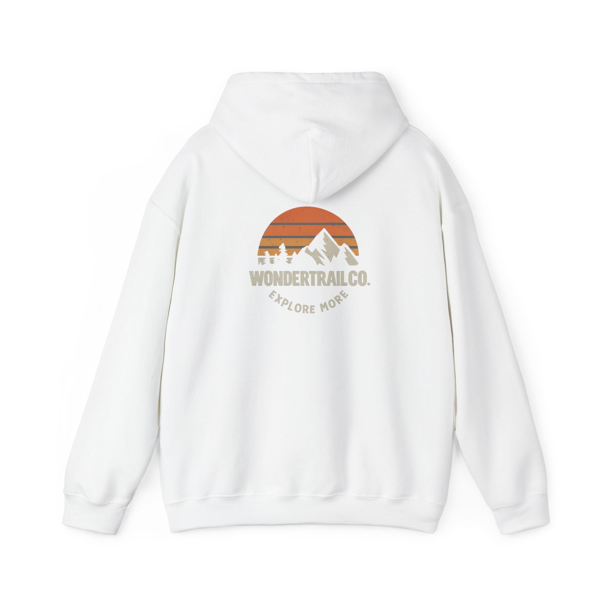 White hoodie with a mountain and sunset design on the back, featuring the 'Wondertrail.co' logo.
