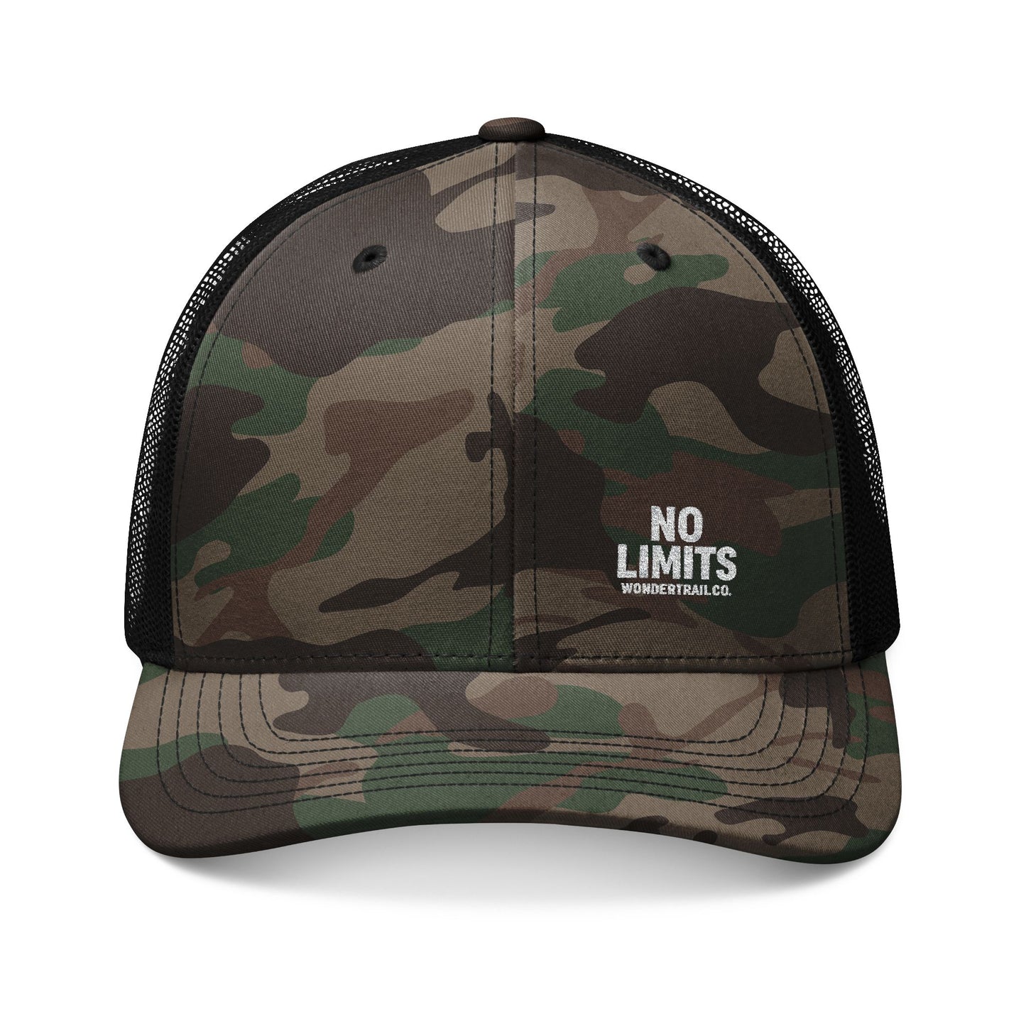 Camouflage cap with 'No Limits' text on a white background