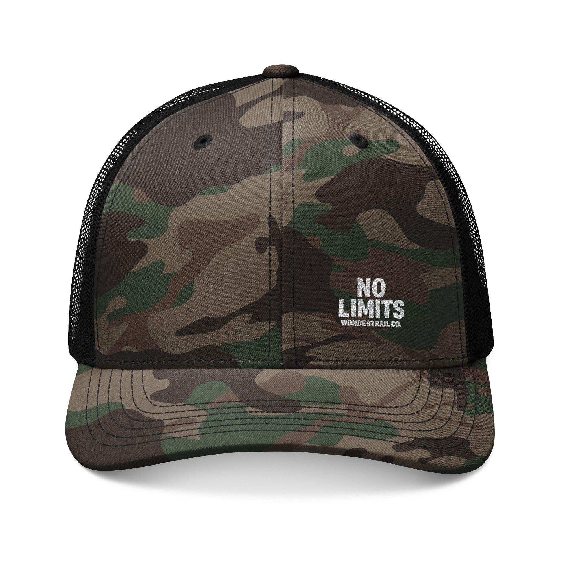 Camouflage cap with 'No Limits' text on a white background