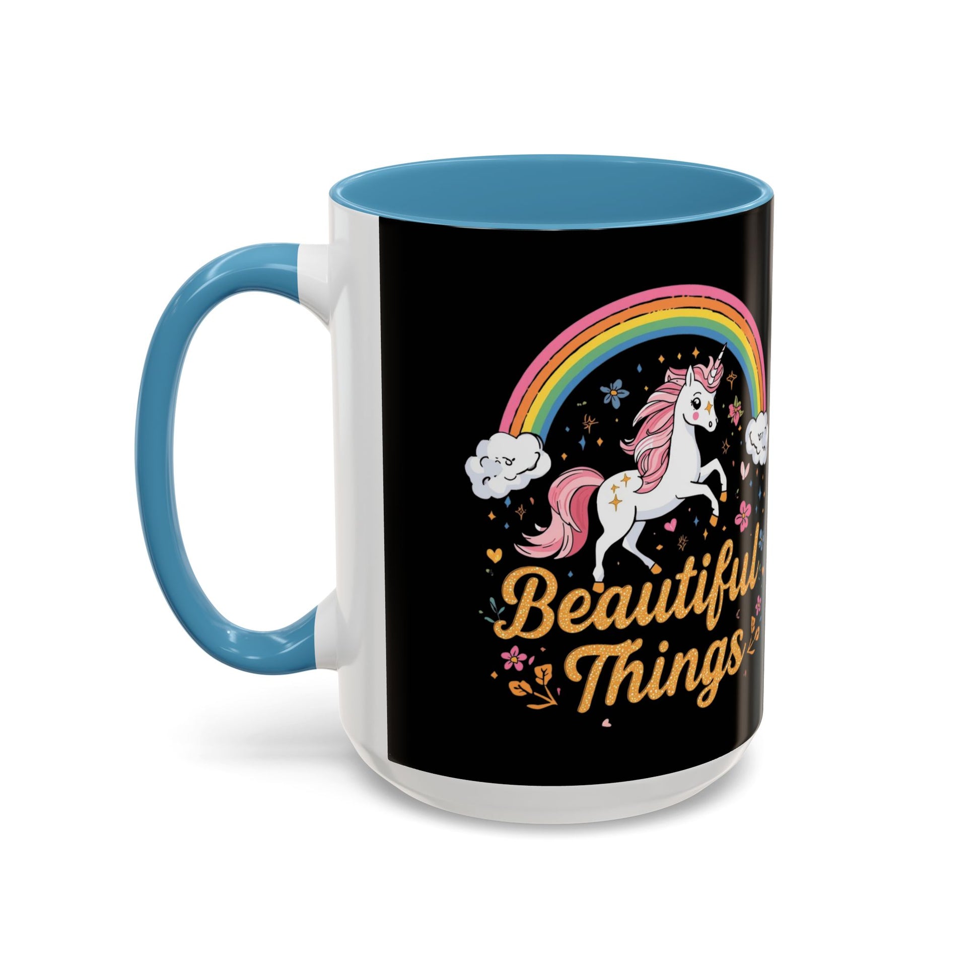 Mug with unicorn and rainbow design on a black background