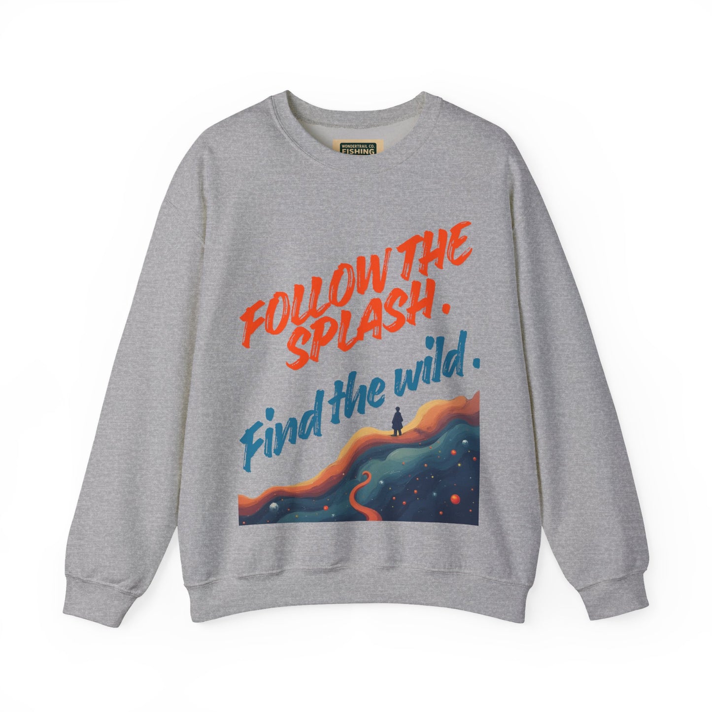 Gray sweatshirt with 'Follow the Splash. Find the Wild.' text and graphic on a white background