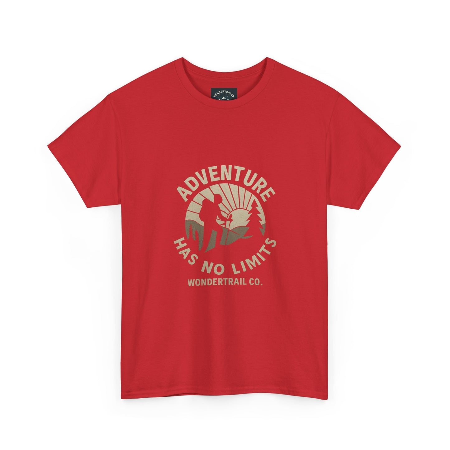 Red t-shirt with 'Adventure Has No Limits' graphic and Wondertrail Co. logo on a white background