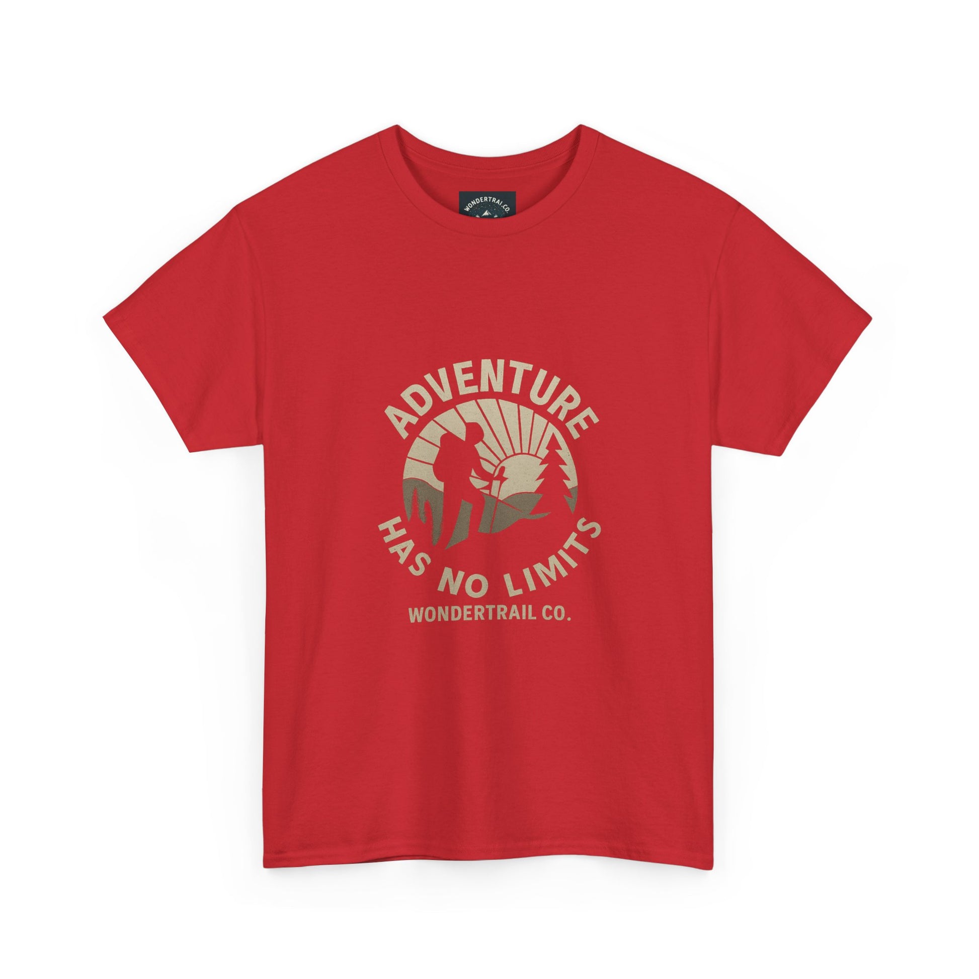Red t-shirt with 'Adventure Has No Limits' graphic and Wondertrail Co. logo on a white background