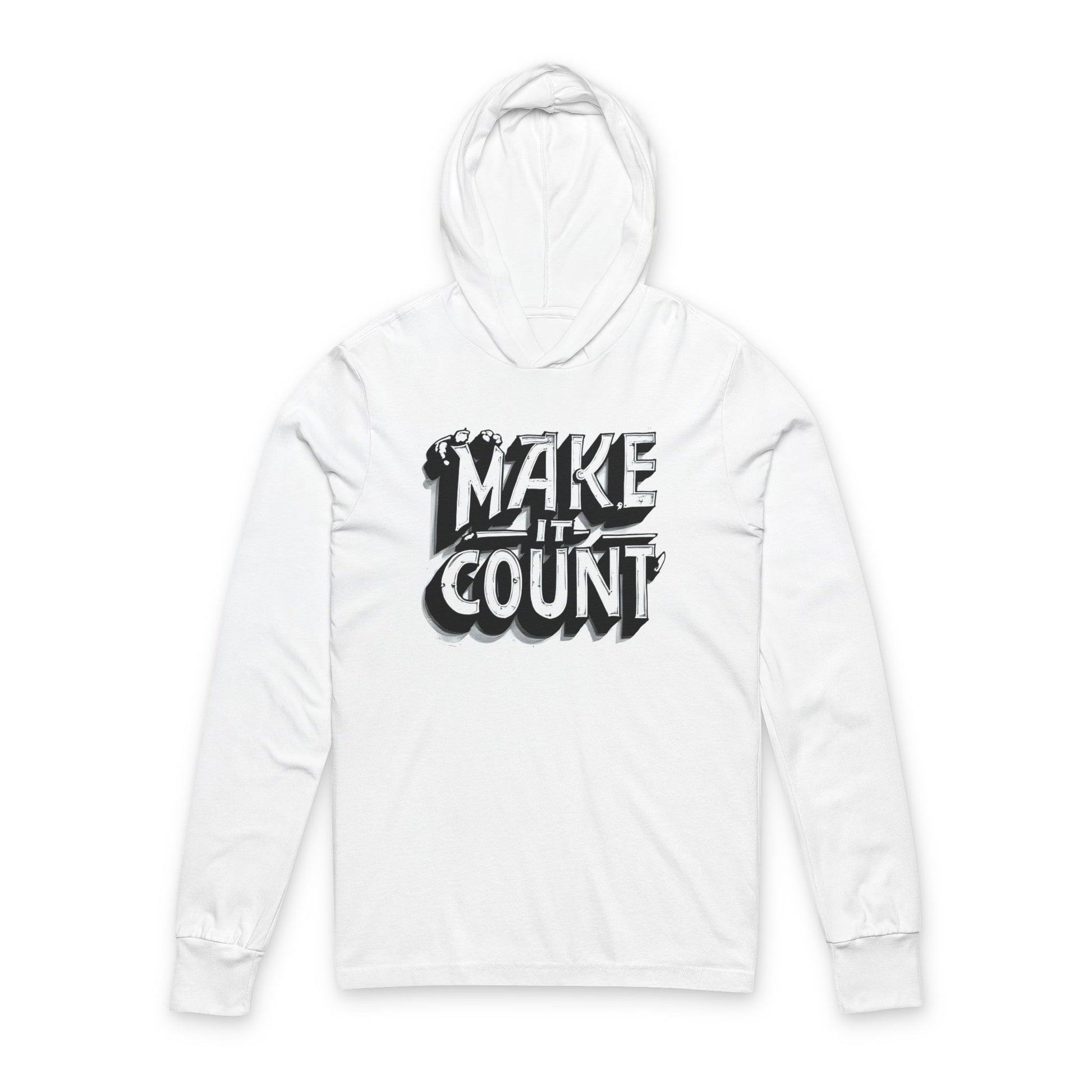 White hoodie with 'MAKE IT COUNT' text on a white background