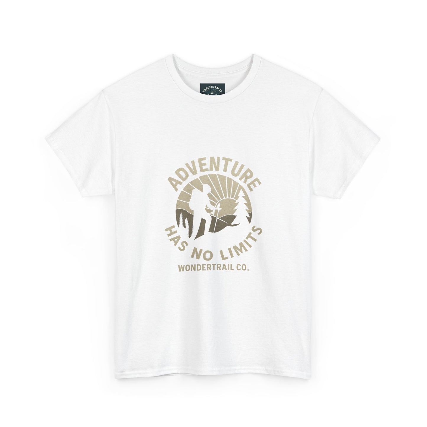 White t-shirt with 'Adventure Has No Limits' graphic and 'Wondertrail Co.' text on a white background