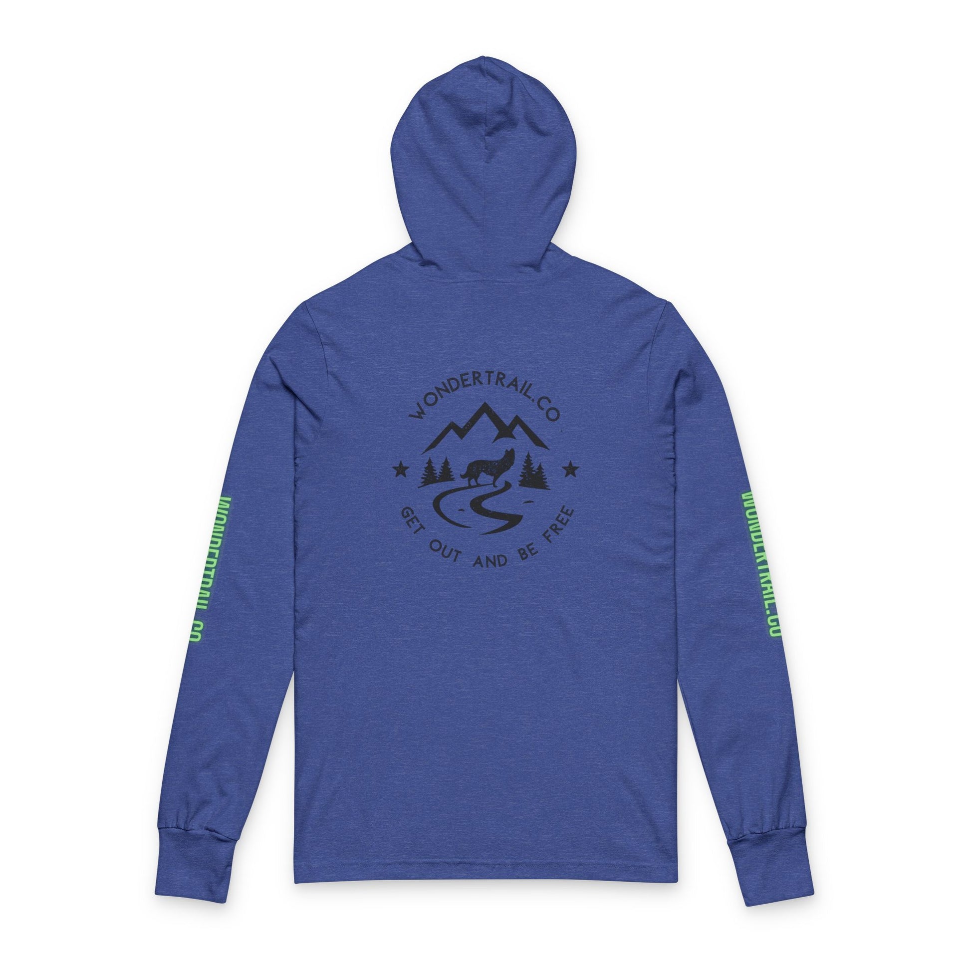 Blue hoodie with a logo and text on a white background