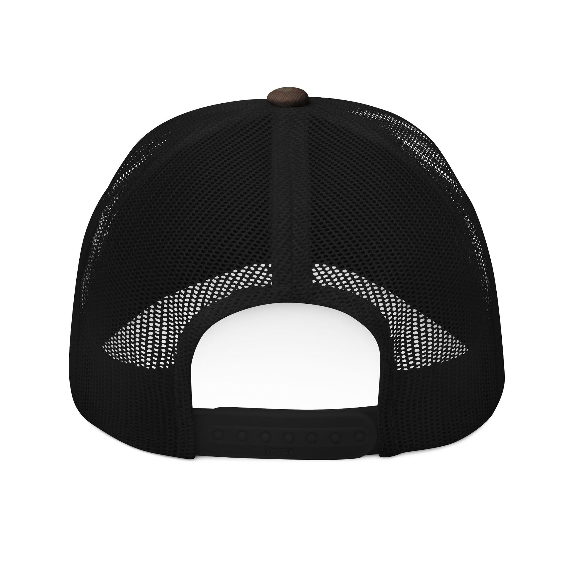 Black mesh cap with a brown button on a white background