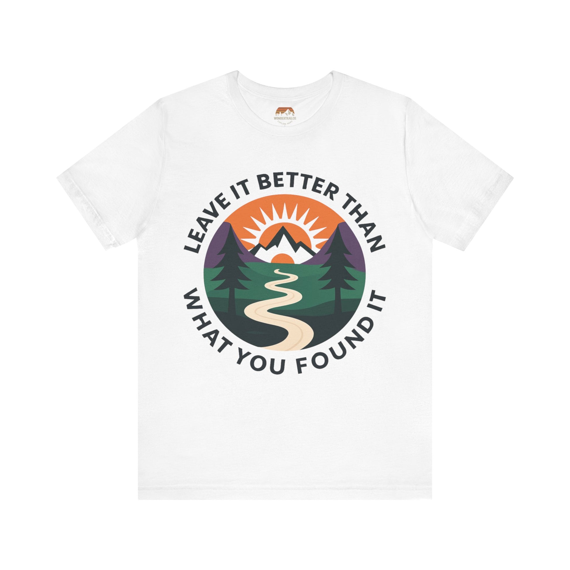 White t-shirt with nature-themed graphic and text on a white background