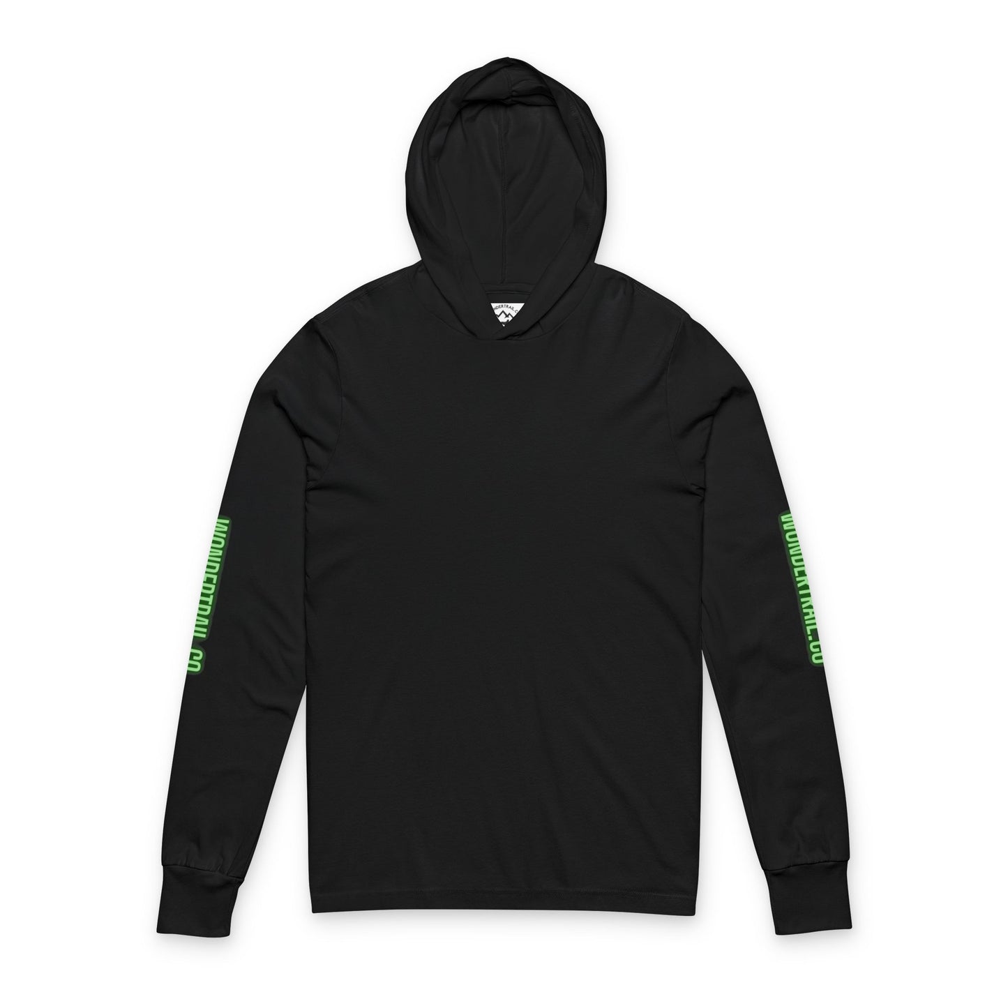 Black hoodie with green text on sleeves on a white background