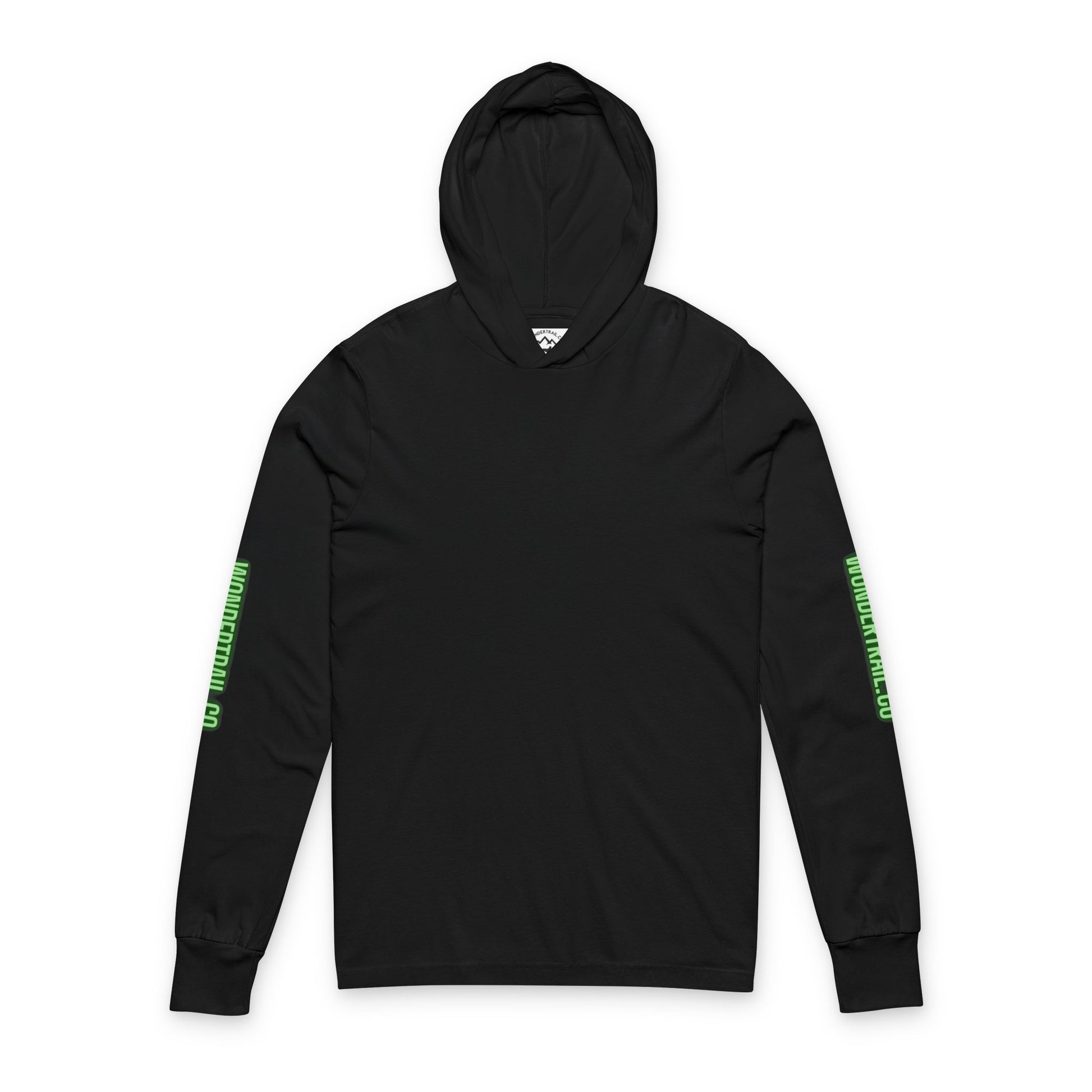 Black hoodie with green text on sleeves on a white background