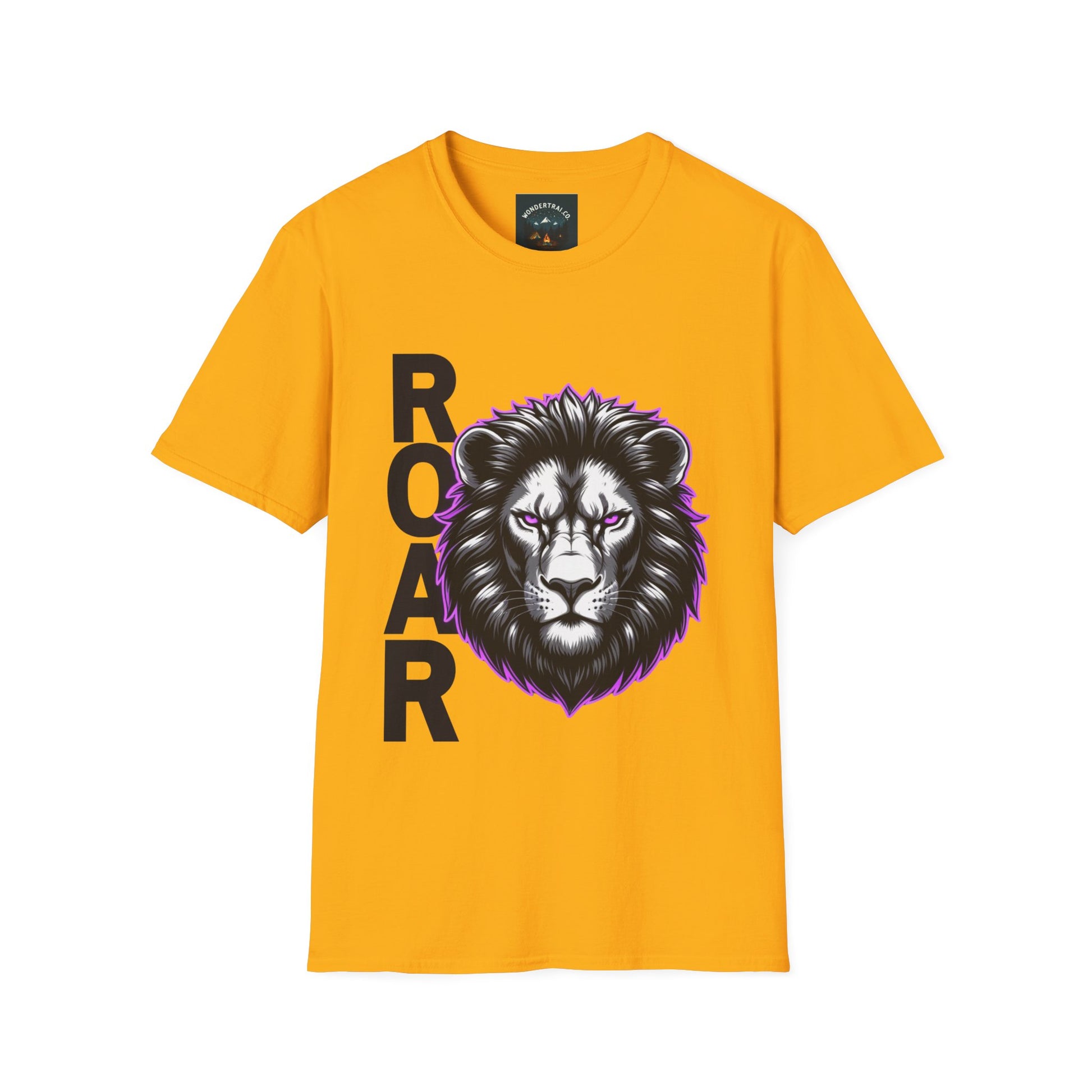 Yellow t-shirt with a lion graphic and 'ROAR' text on a white background