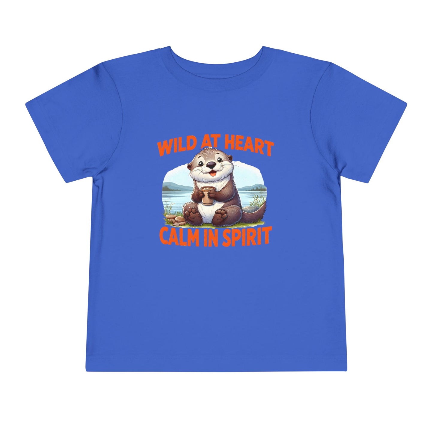 Blue t-shirt with an otter graphic and text 'Wild at Heart, Calm in Spirit' on a white background