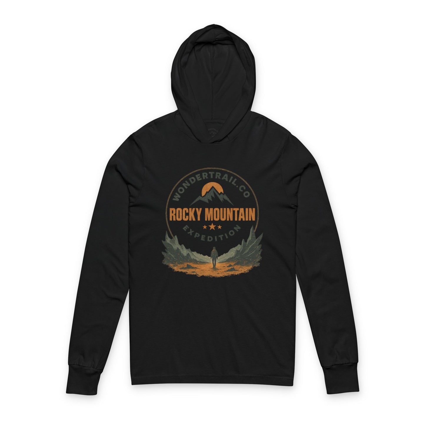 Black hoodie with Rocky Mountain Expedition graphic on a white background