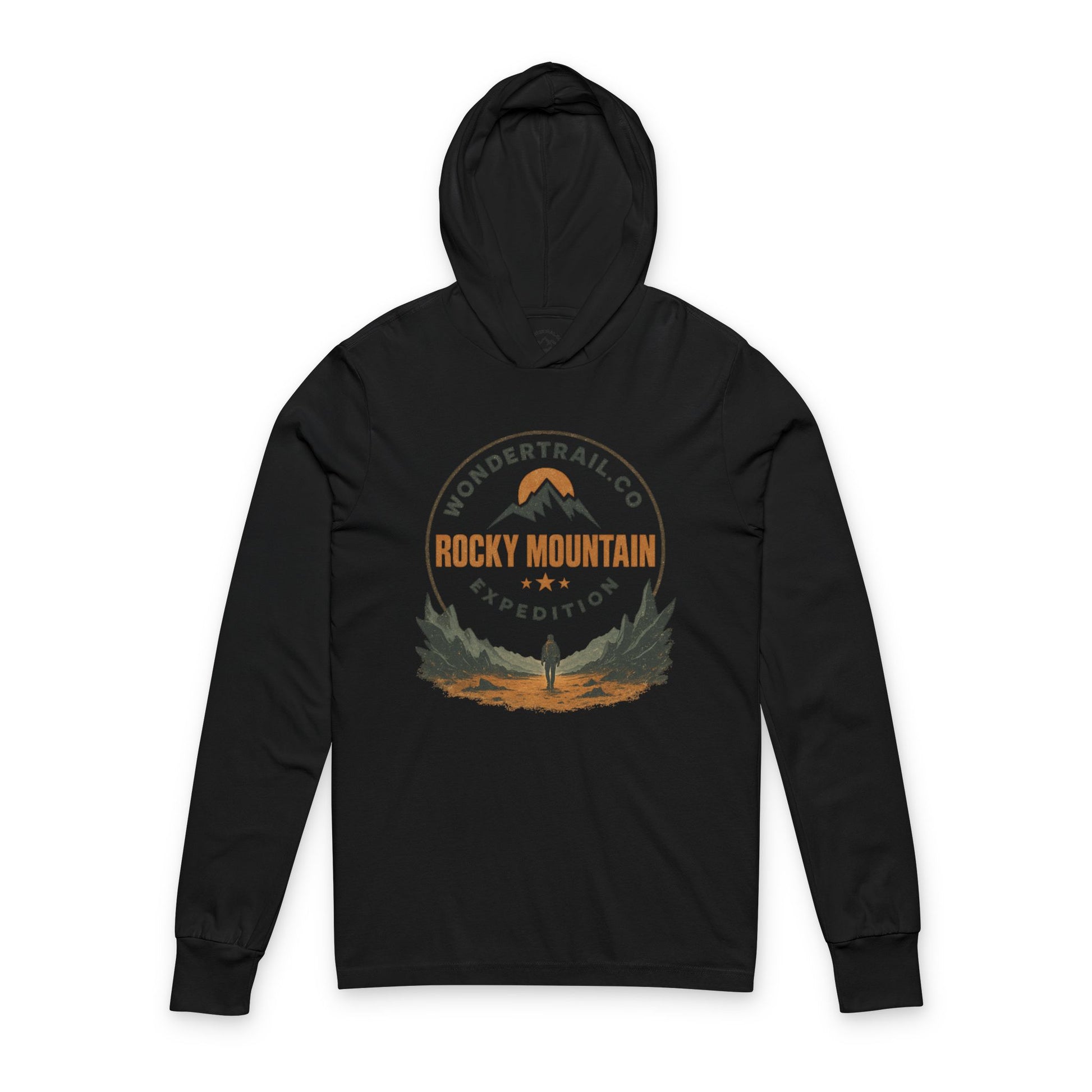 Black hoodie with Rocky Mountain Expedition graphic on a white background