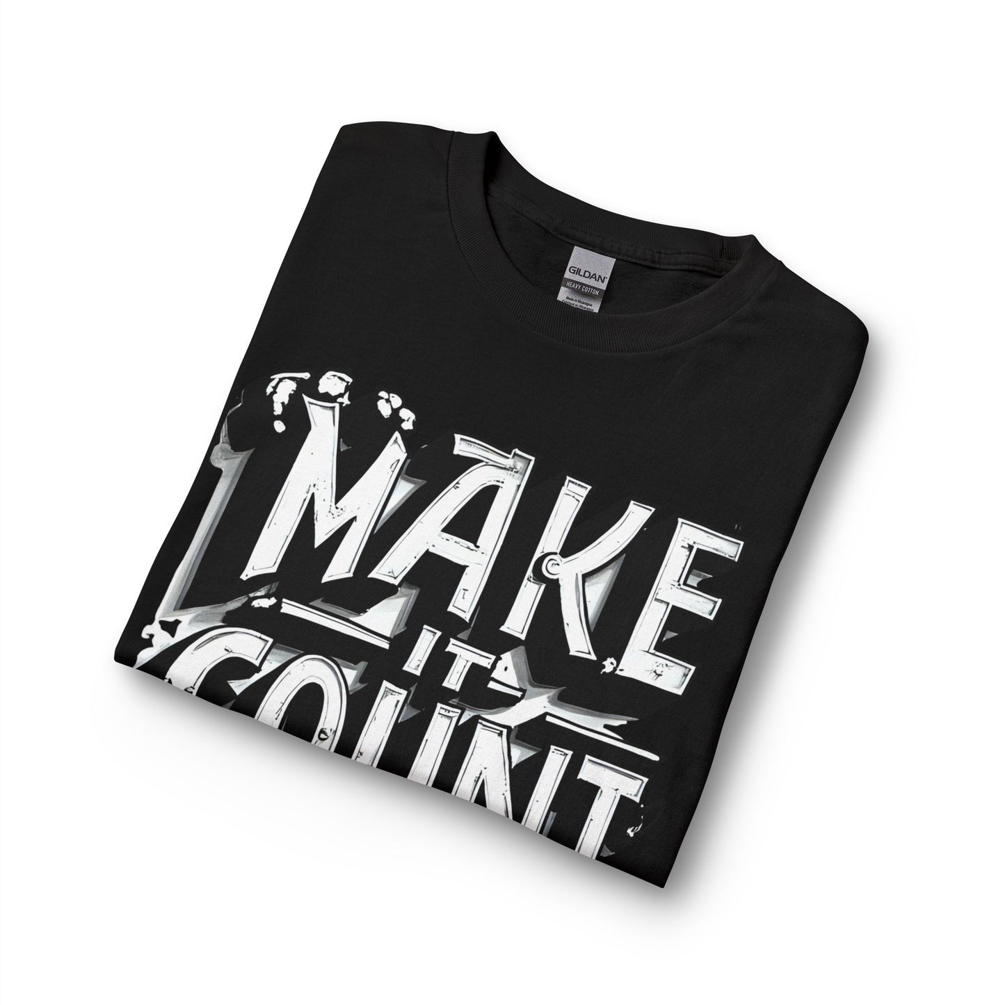 Black t-shirt with white graphic design on a white background