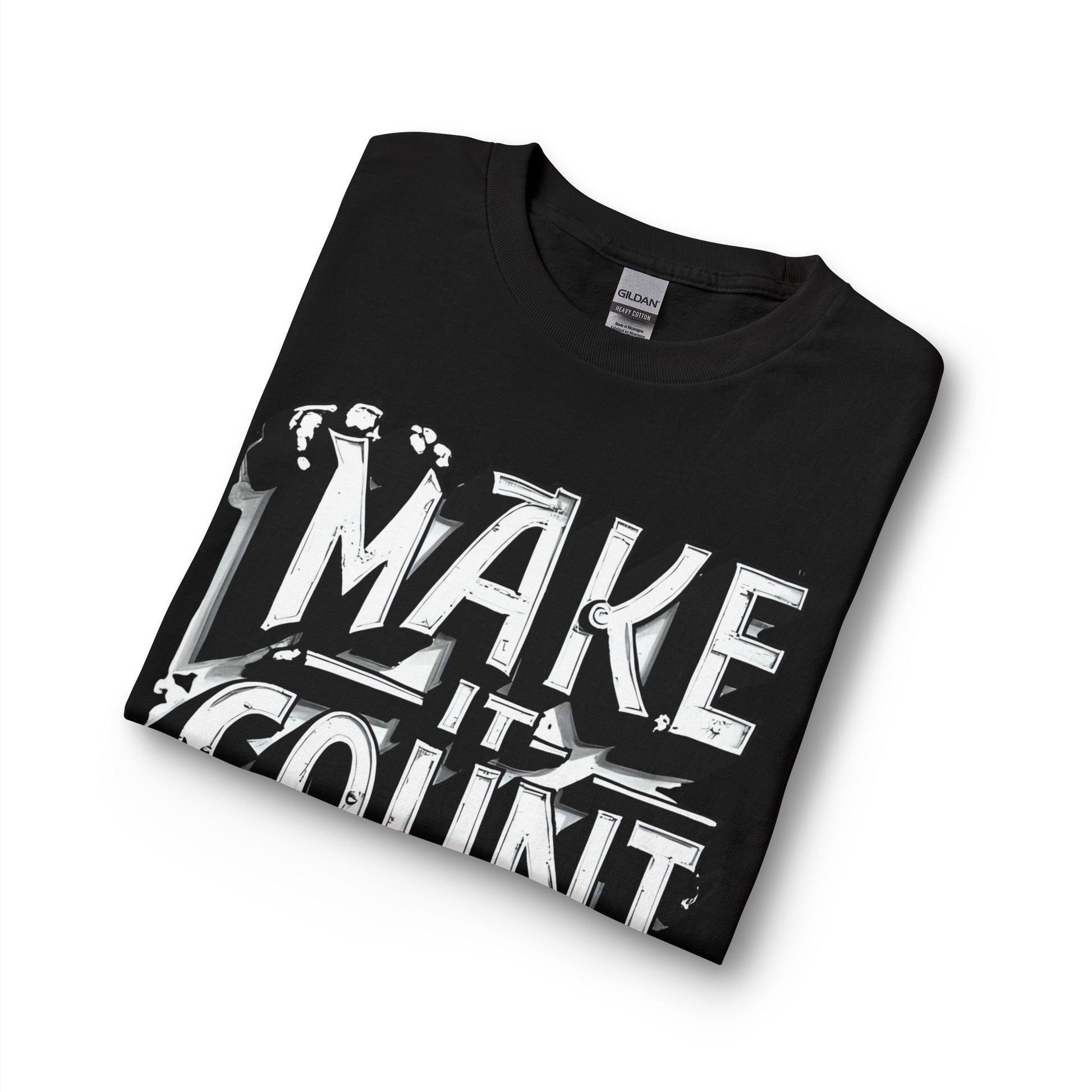 Black t-shirt with white graphic design on a white background