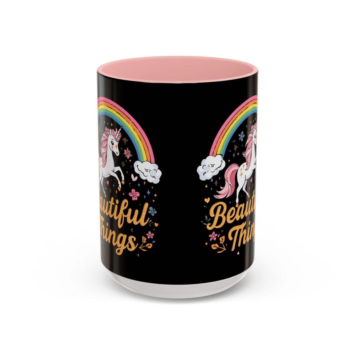 Black mug with pink interior, unicorn, rainbow, and 'Beautiful Things' text design.