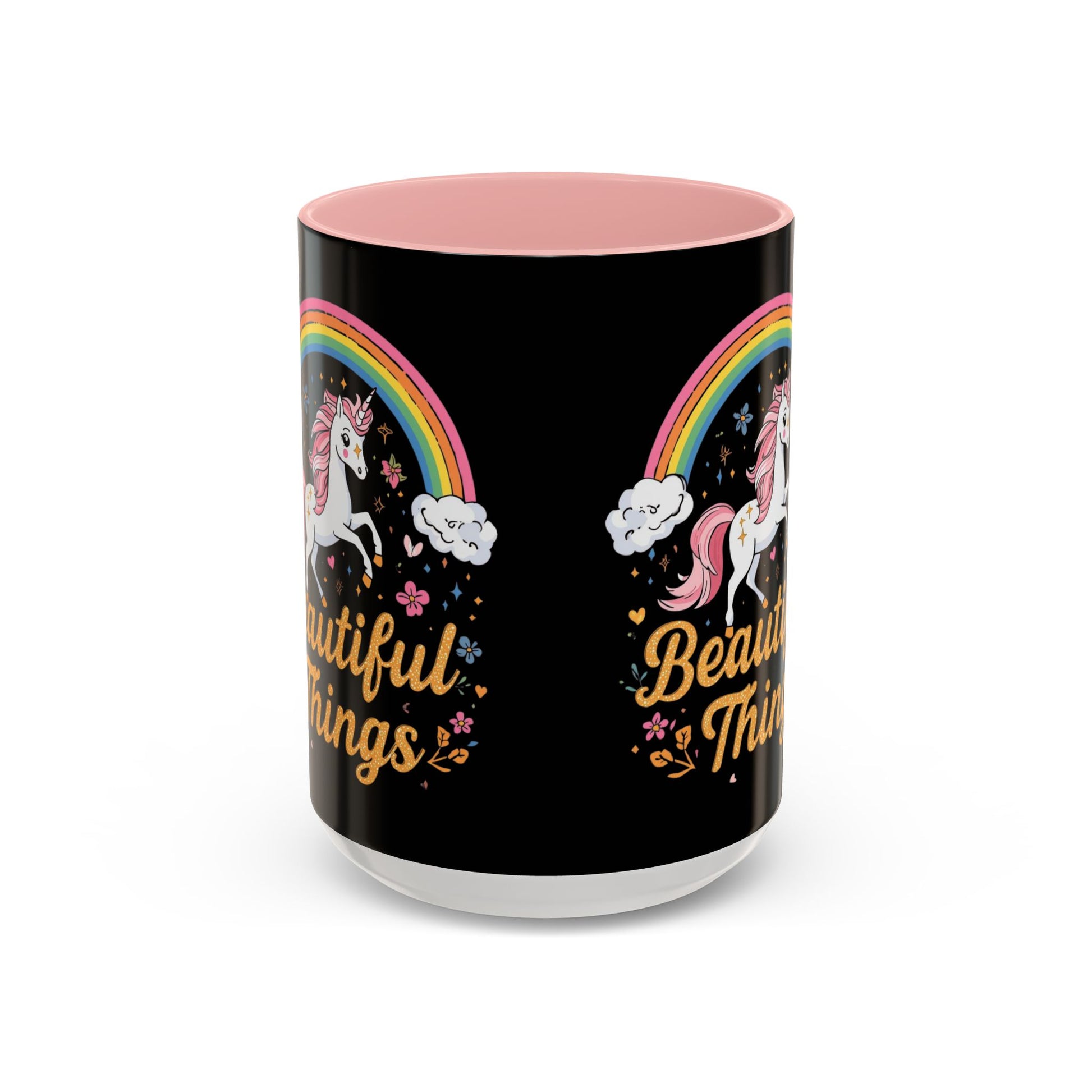 Black mug with pink interior, unicorn, rainbow, and 'Beautiful Things' text design.