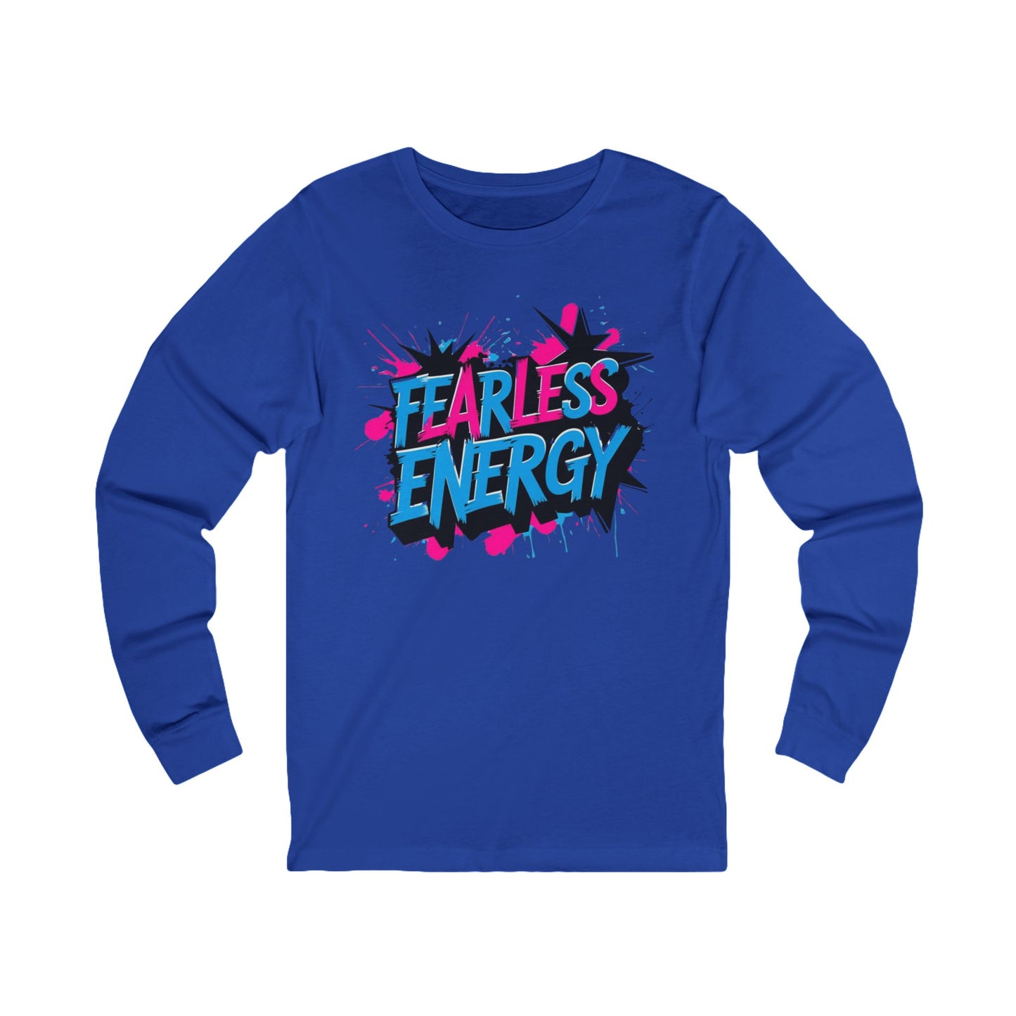 Blue long-sleeve shirt with 'Fearless Energy' text on a white background