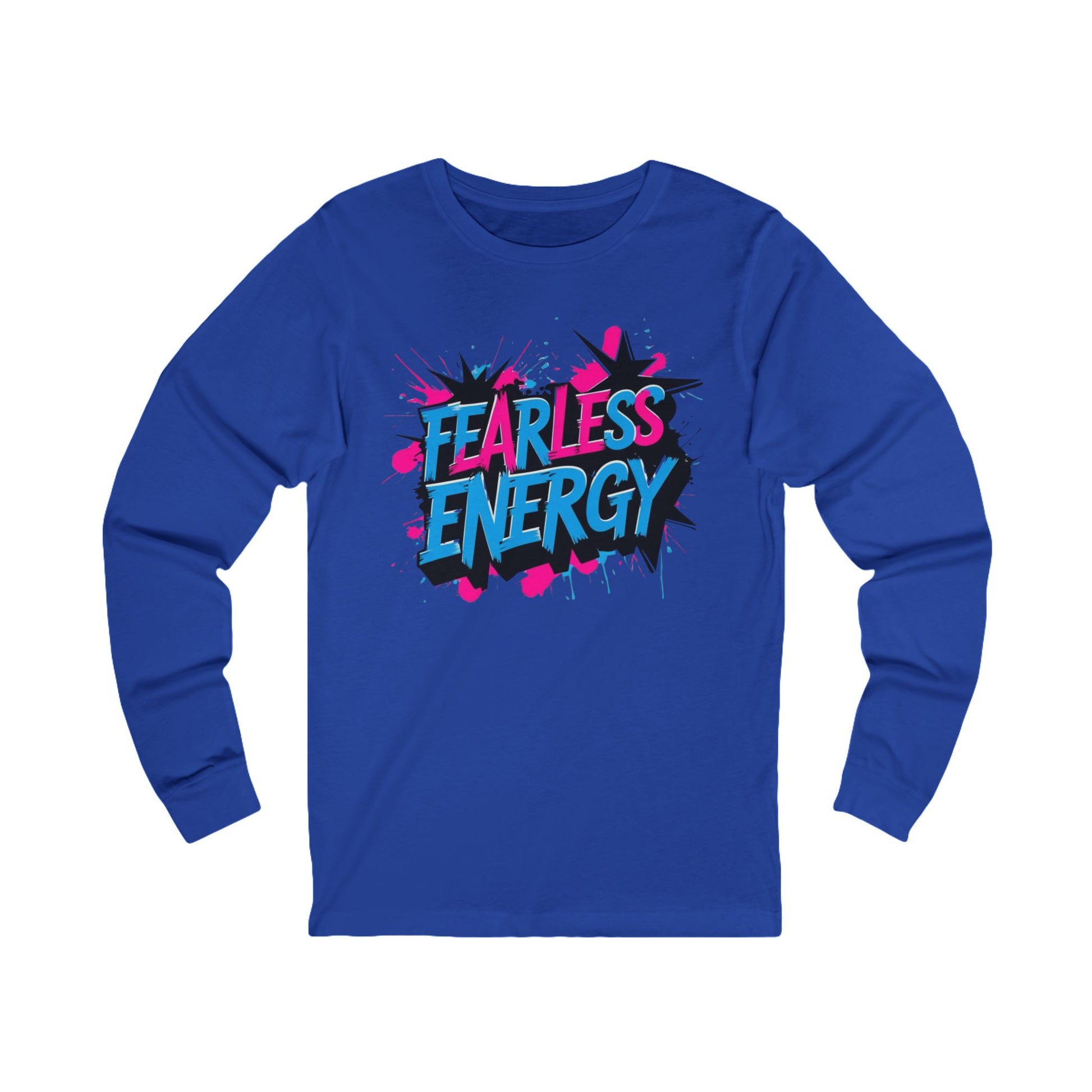 Blue long-sleeve shirt with 'Fearless Energy' text on a white background