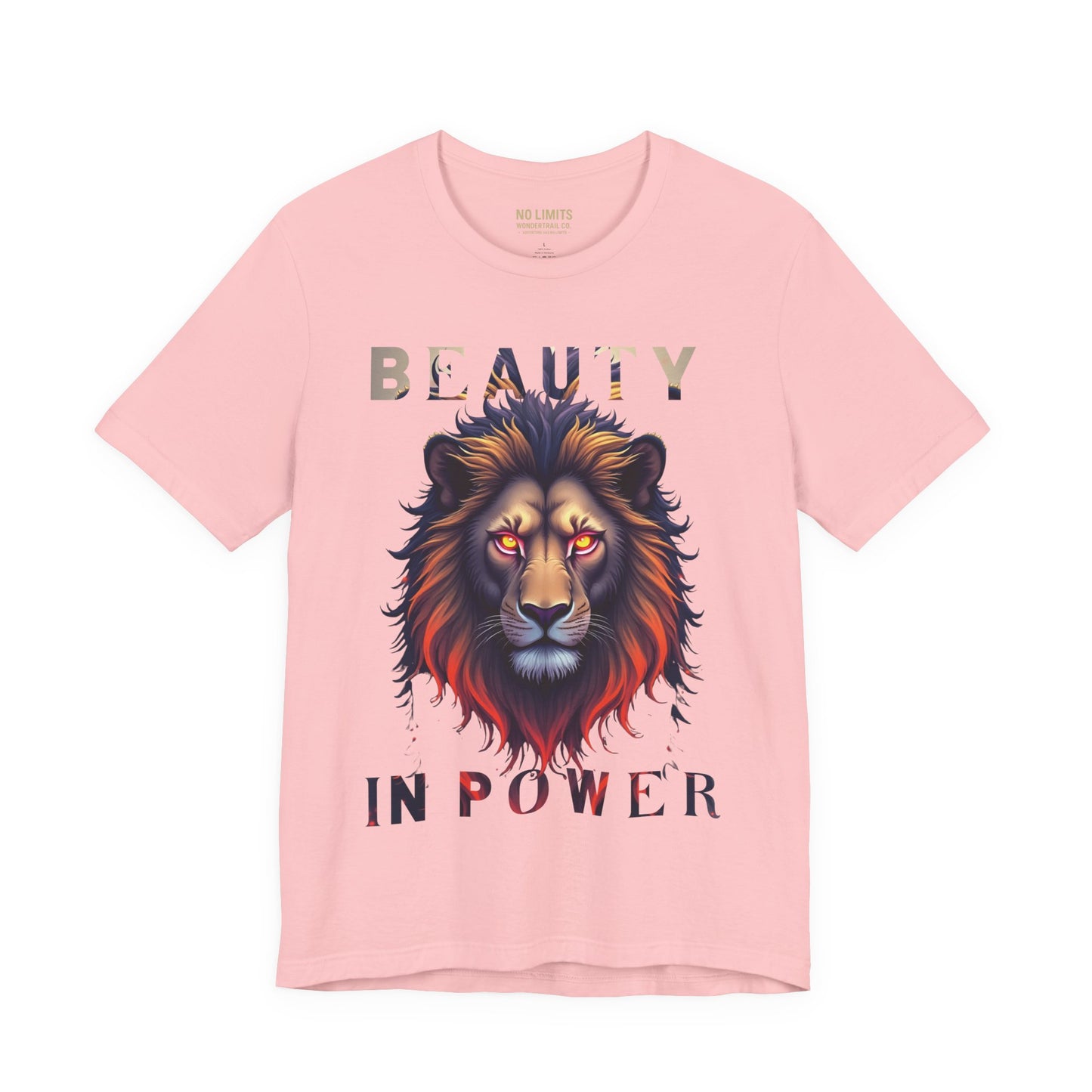 Pink t-shirt with a lion graphic and 'Beauty in Power' text on a white background