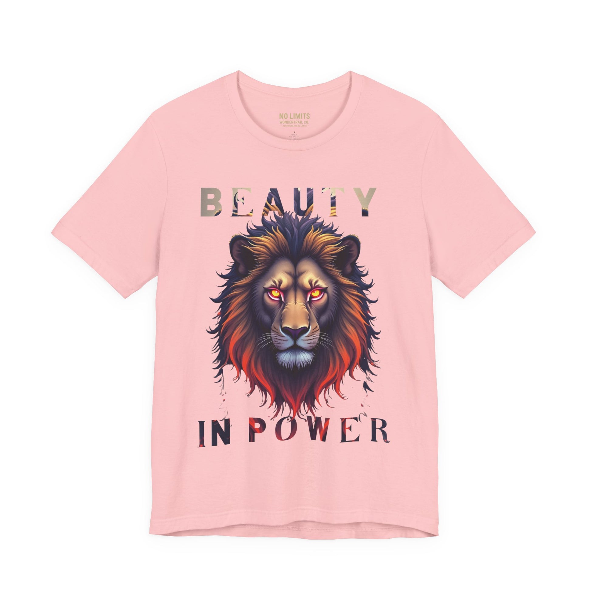 Pink t-shirt with a lion graphic and 'Beauty in Power' text on a white background