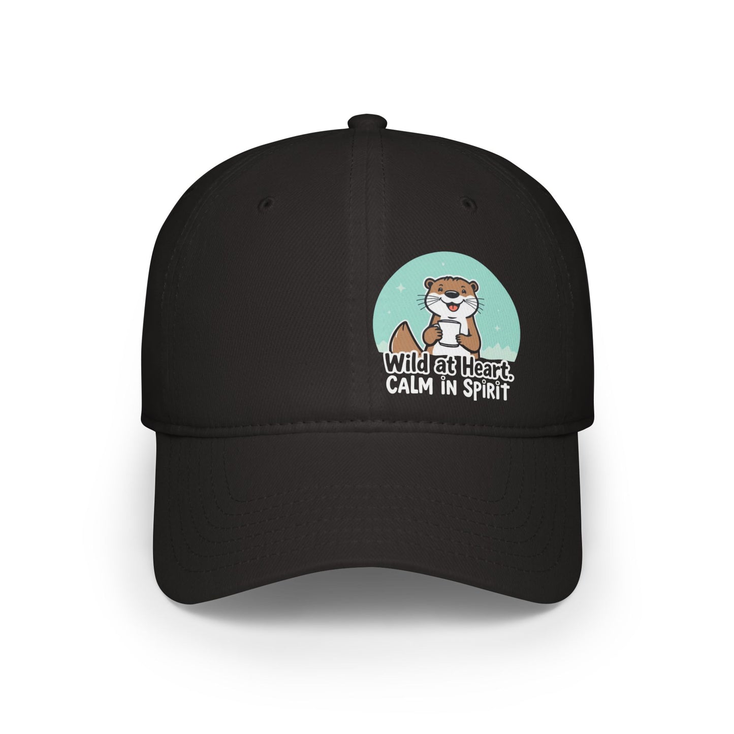 Black cap with a cartoon otter design and text on a white background