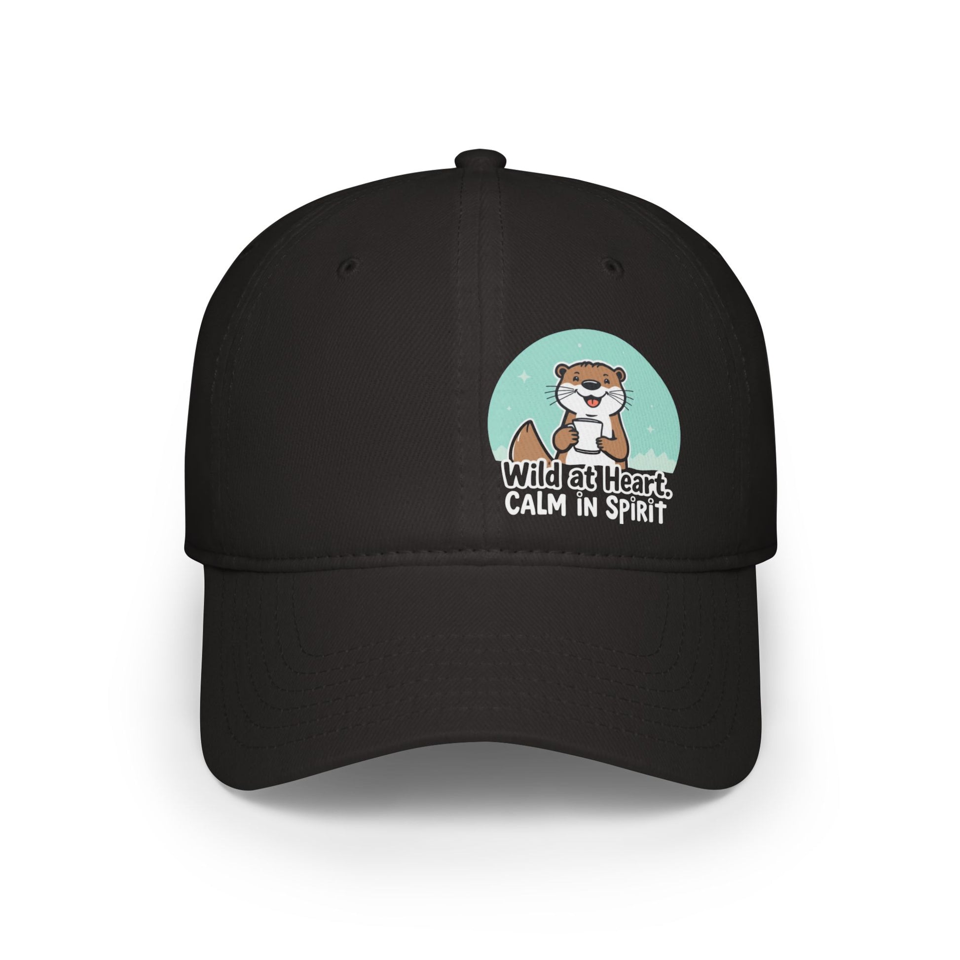 Black cap with a cartoon otter design and text on a white background