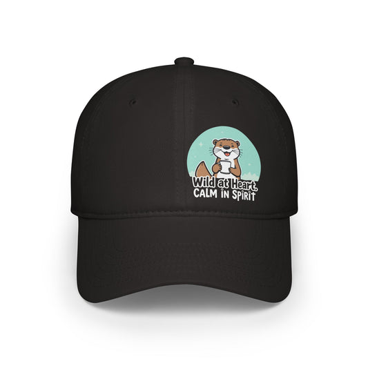 Black cap with a cartoon otter design and text on a white background
