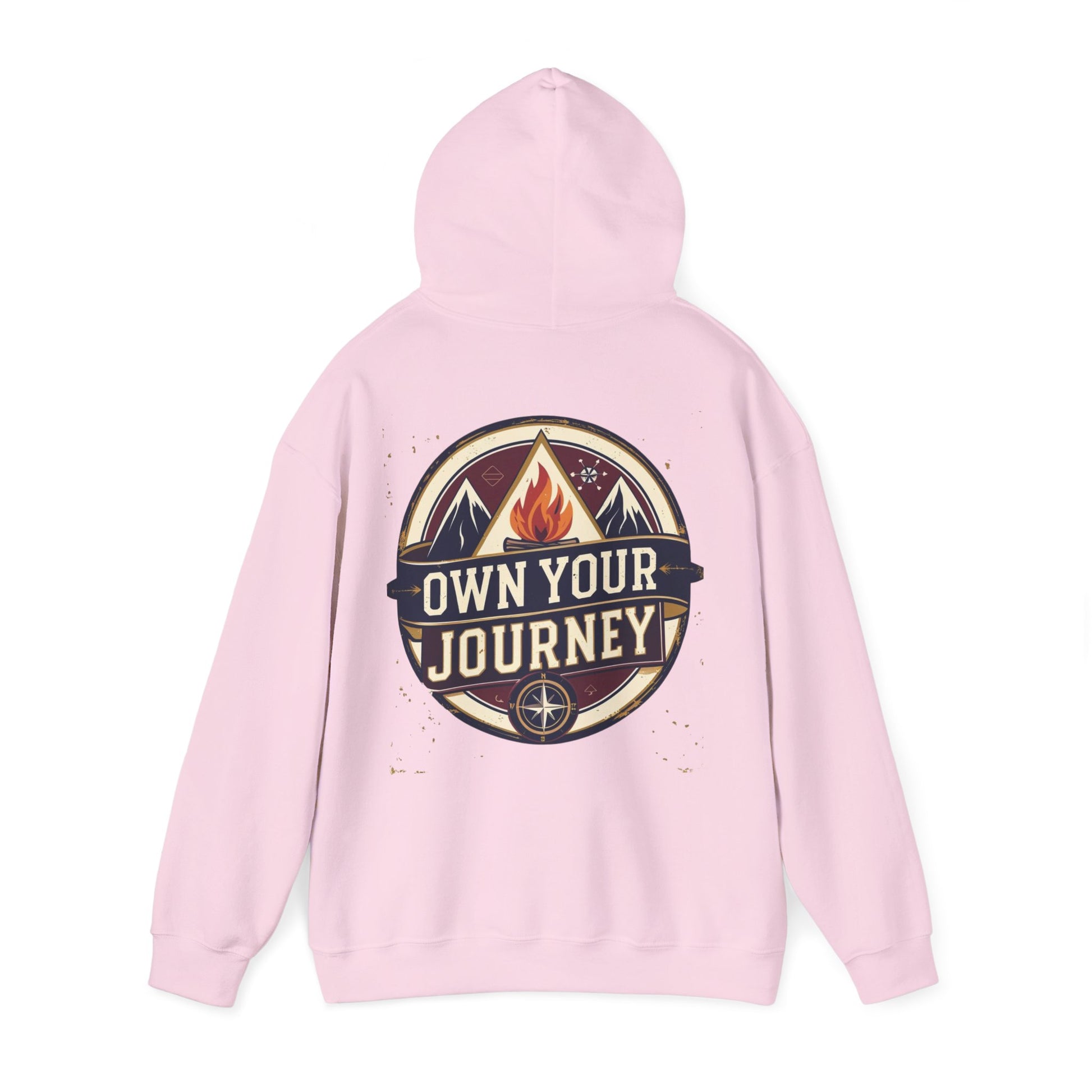 Pink hoodie with 'Own Your Journey' graphic on a white background