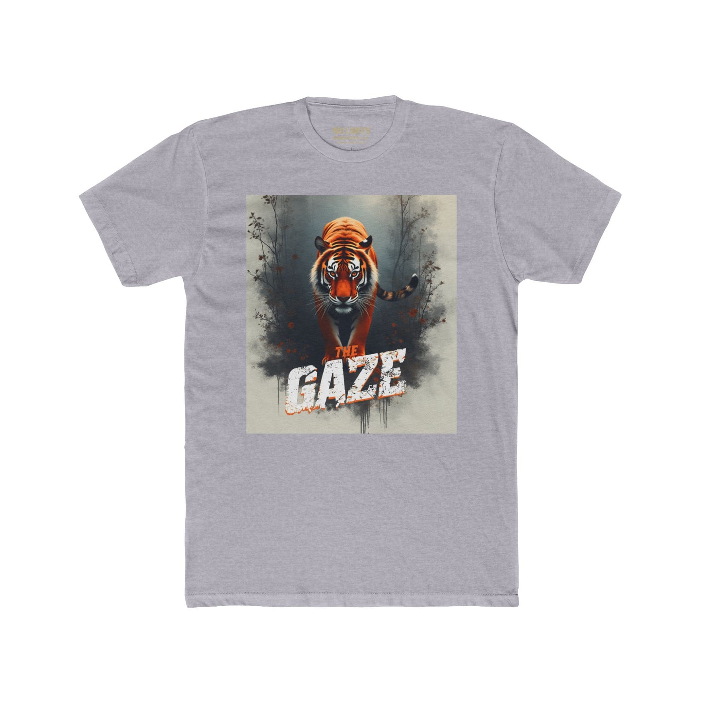 Gray t-shirt with a tiger graphic and 'The Gaze' text on a white background
