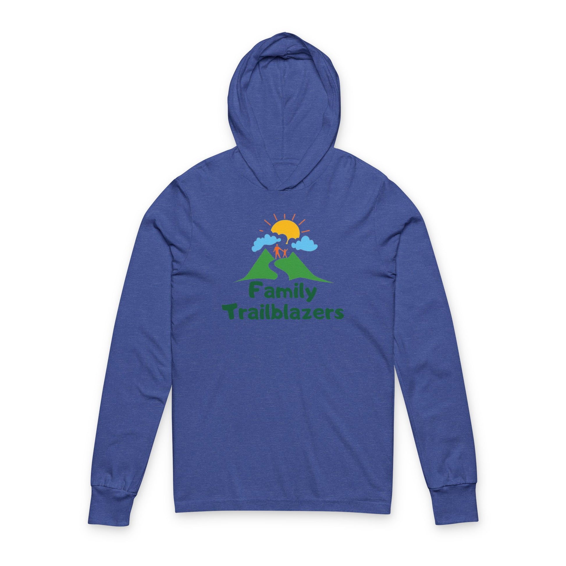 Blue hoodie with 'Family Trailblazers' graphic on a white background