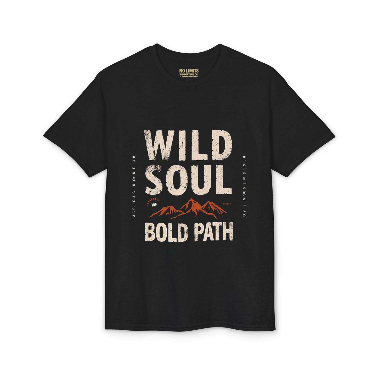 Black t-shirt with 'Wild Soul Bold Path' text and mountain graphic on a white background