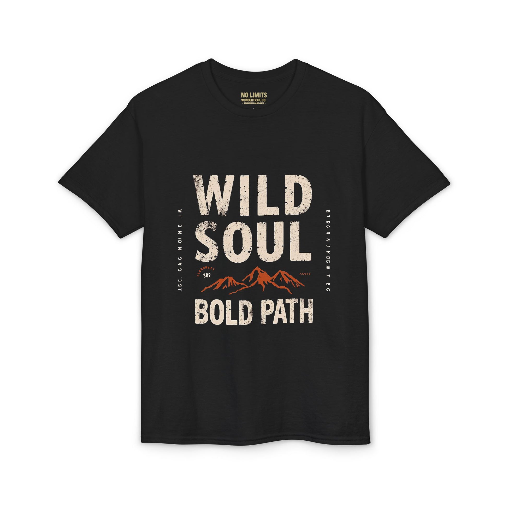 Black t-shirt with 'Wild Soul Bold Path' text and mountain graphic on a white background