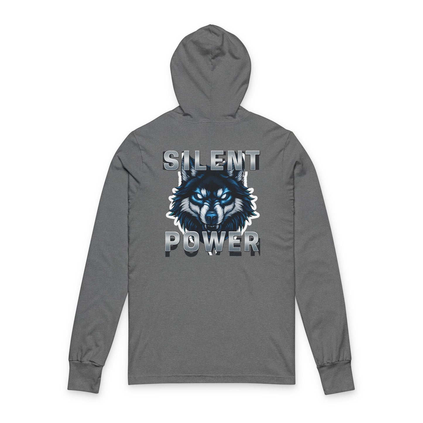Gray hoodie with wolf graphic and 'Silent Power' text on a white background