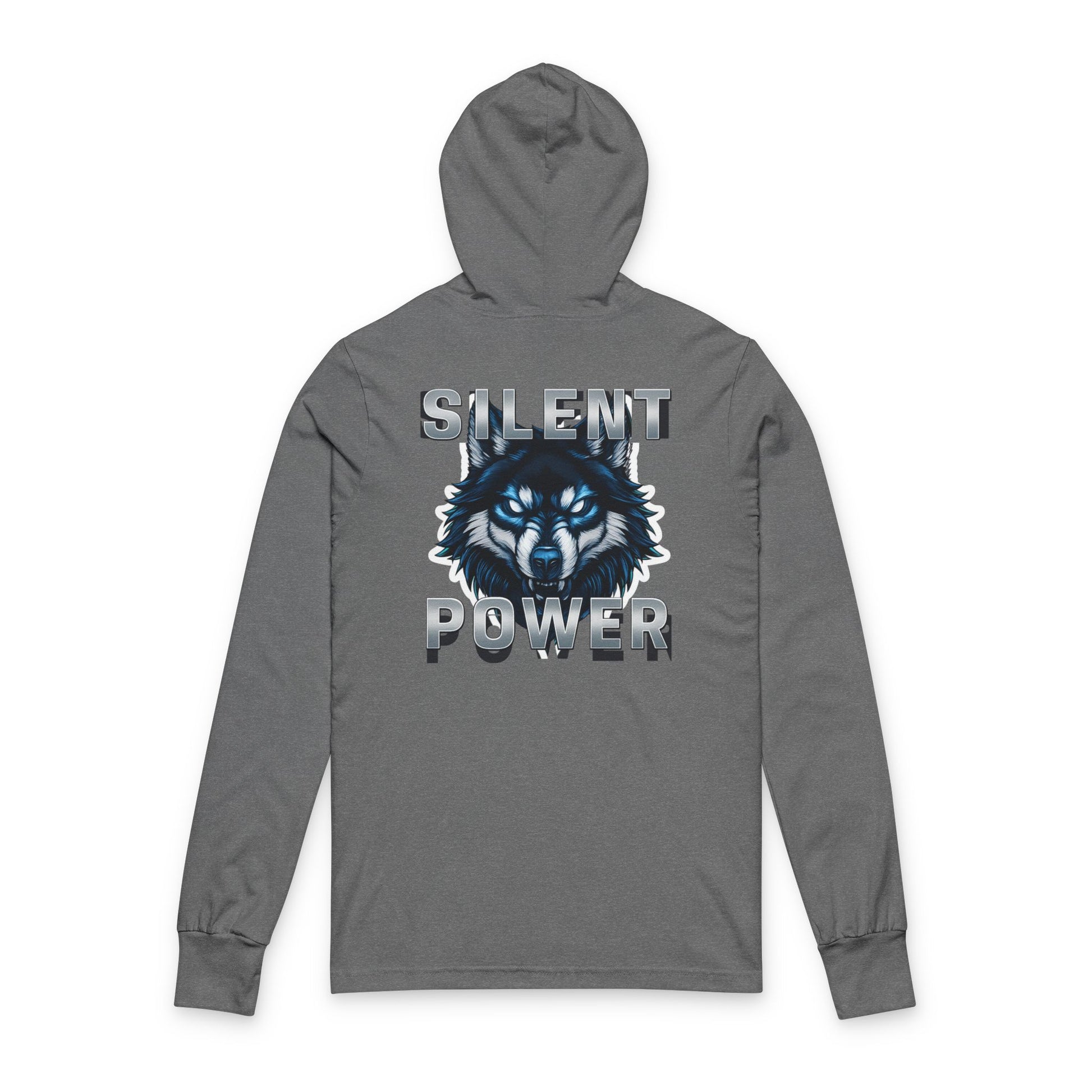 Gray hoodie with wolf graphic and 'Silent Power' text on a white background