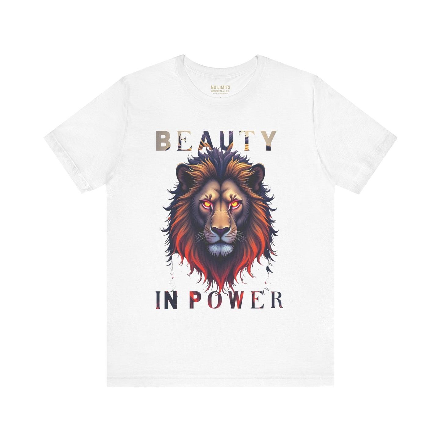 White t-shirt with a lion graphic and 'Beauty in Power' text on a white background