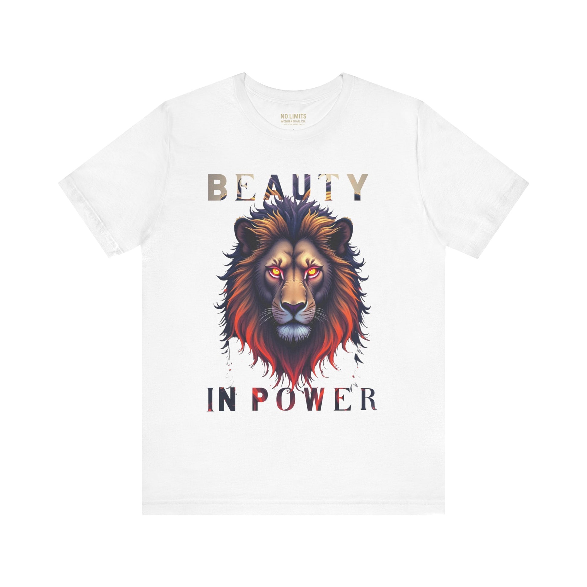 White t-shirt with a lion graphic and 'Beauty in Power' text on a white background