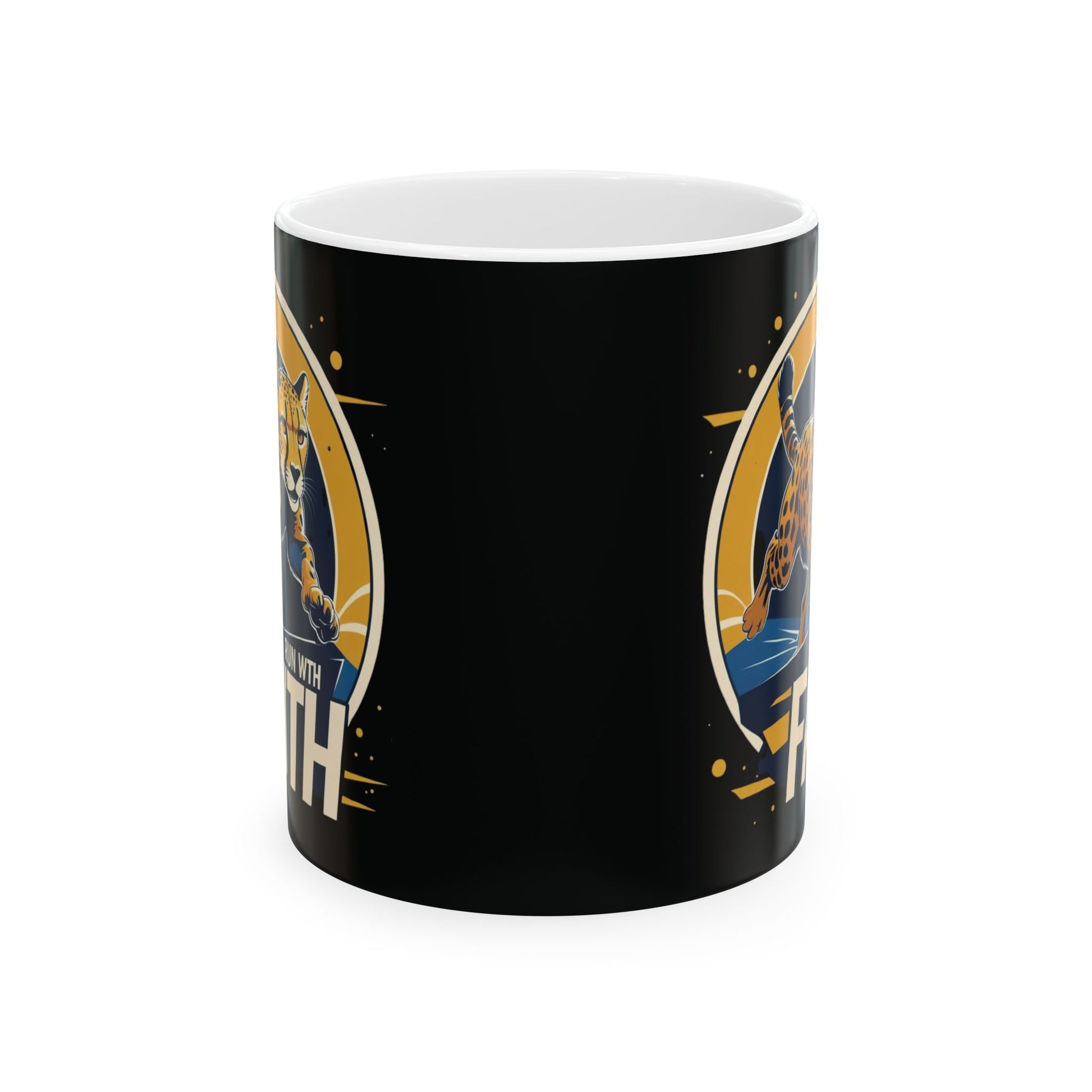 Black mug with a sports team logo and text on a white background
