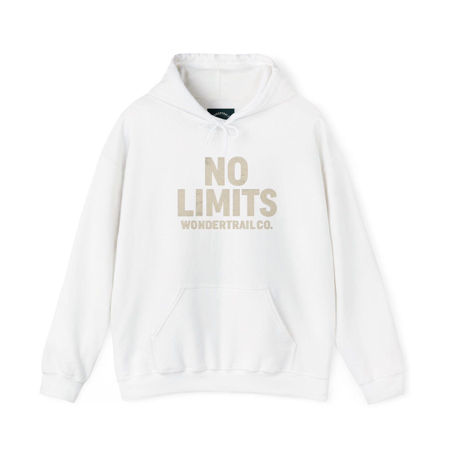 White hoodie with 'No Limits' text on a white background
