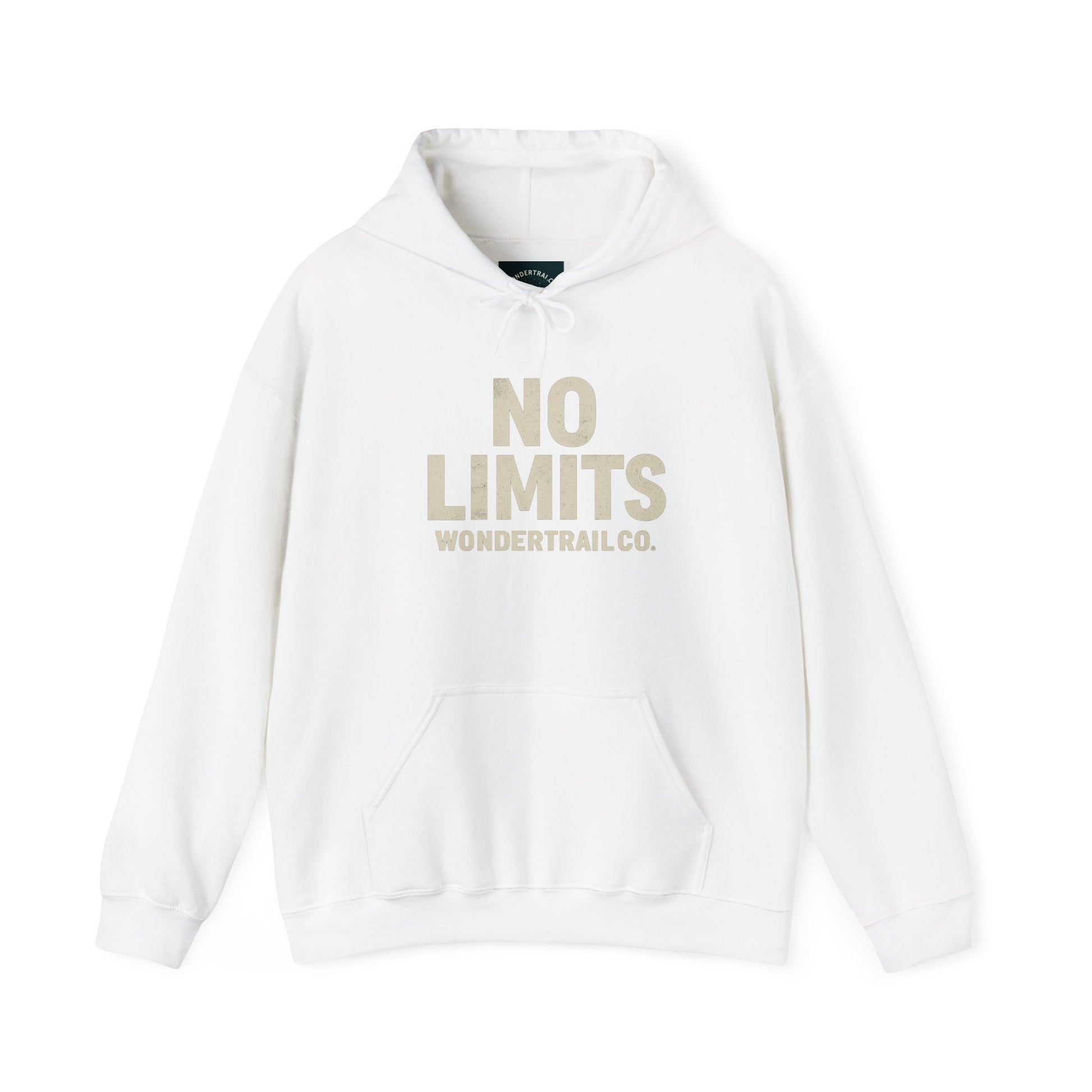 White hoodie with 'No Limits' text on a white background
