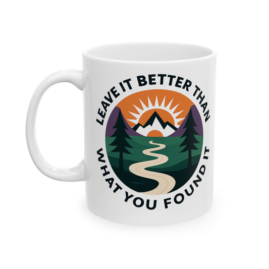 White mug with nature-themed design and motivational quote on a white background