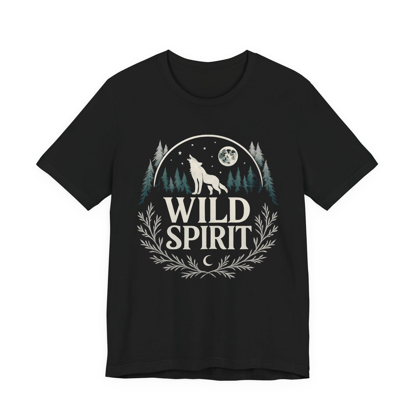 Black t-shirt with 'Wild Spirit' design featuring a wolf and forest on a white background