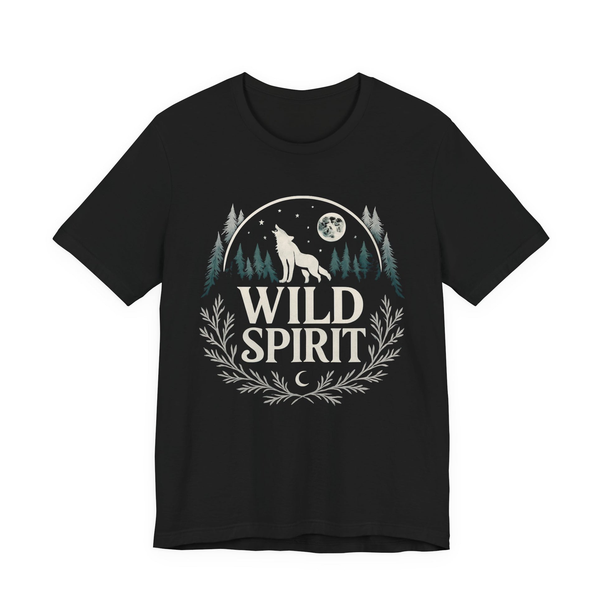 Black t-shirt with 'Wild Spirit' design featuring a wolf and forest on a white background