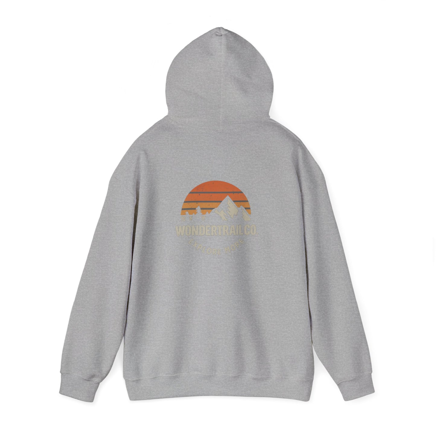 Gray hoodie with a sunset and mountain graphic on the back, on a white background